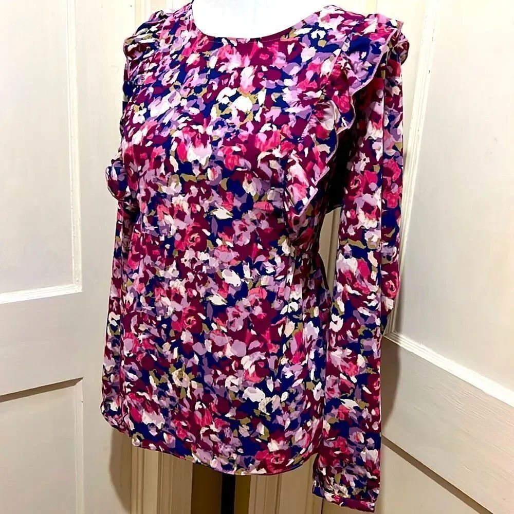 Nanette Lepore Long Sleeve Floral Print Top Flutter Detail Size Large Spring